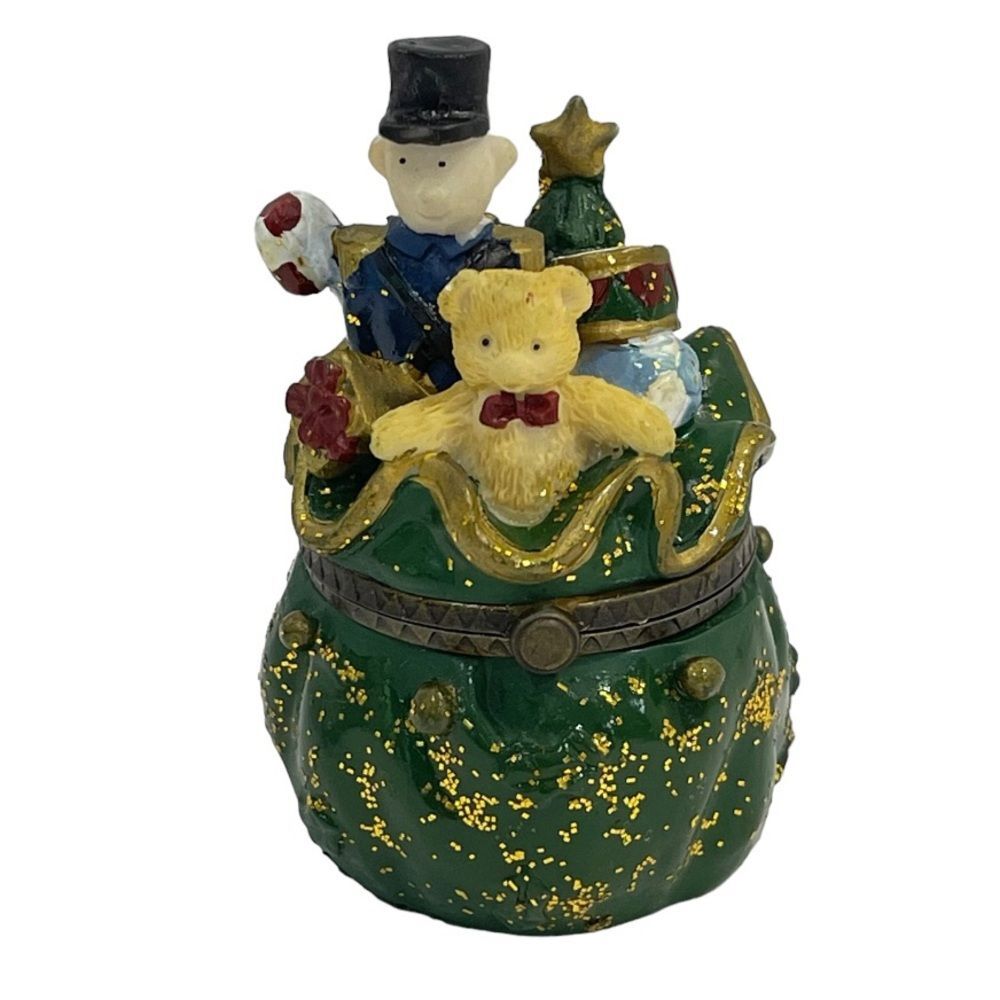 Vintage Christmas Santas Bag of Toys Hinged Trinket Box Holiday Decor Teddy Bear
